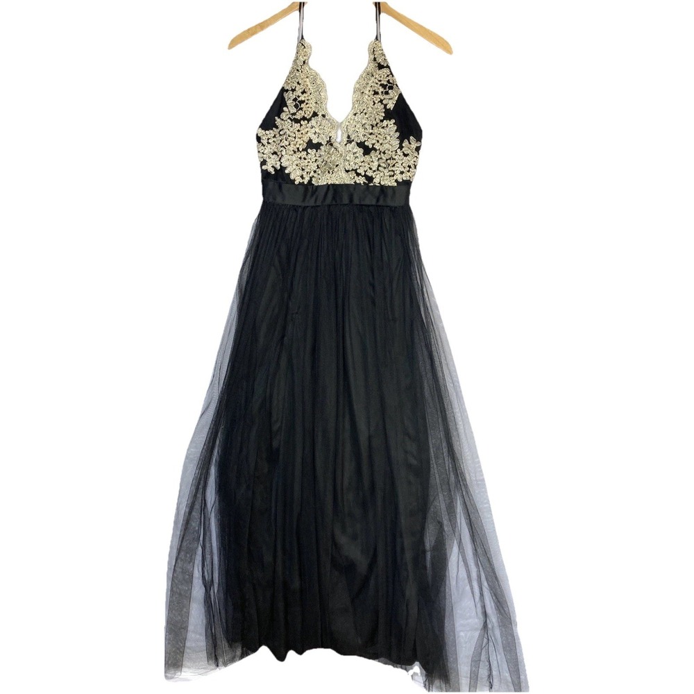 Windsor Cross Back Gold Lace Plunge Tulle Maxi Gown Goth Slip Dress Womens S